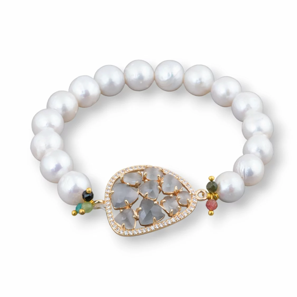 Bracciale Elastico Di Perle Di Fiume Tondo 10-10,5mm E Centrale Con Cabochon Mango E Zirconi Dorato Grigio-BRACCIALI DI PIETRE E PERLE | Worldofjewel.com