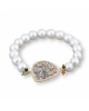 Bracciale Elastico Di Perle Di Fiume Tondo 10-10,5mm E Centrale Con Cabochon Mango E Zirconi Dorato Grigio-BRACCIALI DI PIETRE E PERLE | Worldofjewel.com