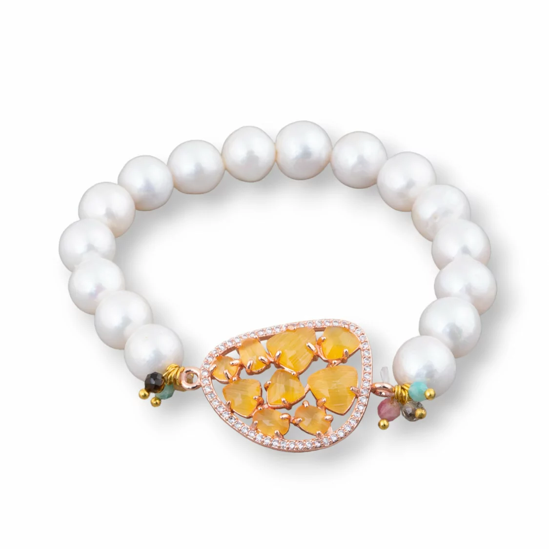 Bracciale Elastico Di Perle Di Fiume Tondo 10-10,5mm E Centrale Con Cabochon Mango E Zirconi Oro Rosa Giallo-BRACCIALI DI PIETRE E PERLE | Worldofjewel.com