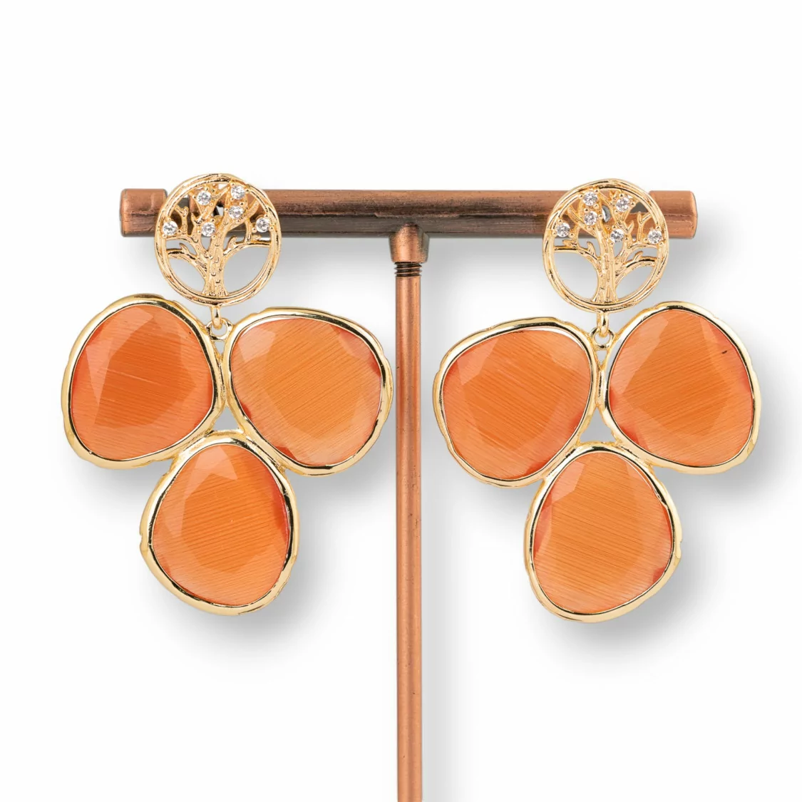 Orecchini Di Bronzo A Perno Con Albero Della Vita E Cabochon Di Occhio Di Gatto 34x45mm Arancio-BRONZO FANTASIA | Worldofjewel.com