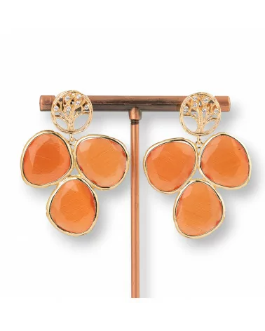 Orecchini Di Bronzo A Perno Con Albero Della Vita E Cabochon Di Occhio Di Gatto 34x45mm Arancio-BRONZO FANTASIA | Worldofjewel.com