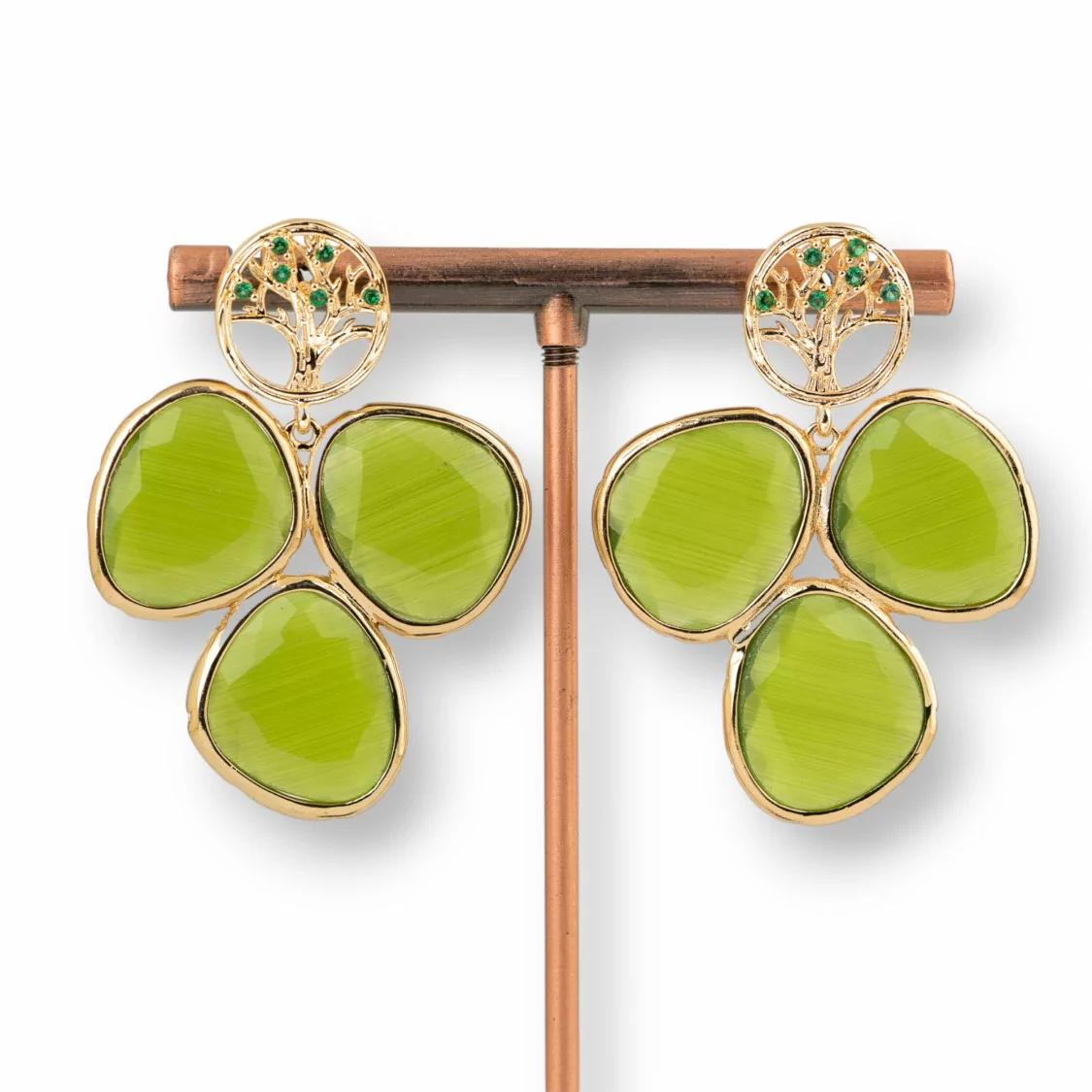 Orecchini Di Bronzo A Perno Con Albero Della Vita E Cabochon Di Occhio Di Gatto 34x45mm Verde Bosco-BRONZO FANTASIA | Worldofjewel.com