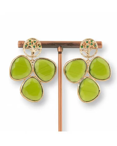 Orecchini Di Bronzo A Perno Con Albero Della Vita E Cabochon Di Occhio Di Gatto 34x45mm Verde Bosco-BRONZO FANTASIA | Worldofjewel.com