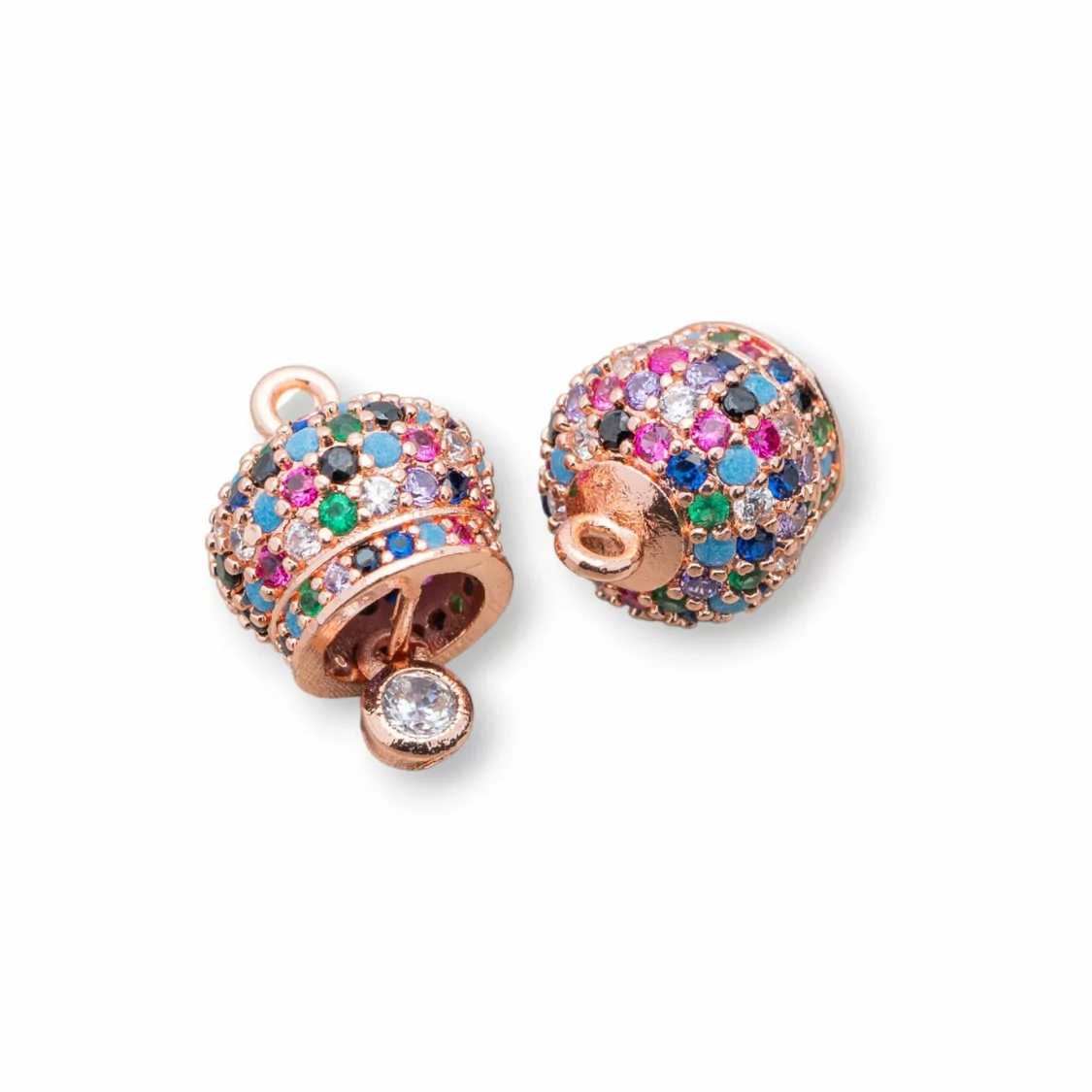 Componente Pendente Di Bronzo Campanelle Chiama Angeli Con Zirconi Multicolor Pavè 10mm 6pz Oro Rosa Multicolor-CIONDOLI DI OTTONE | Worldofjewel.com