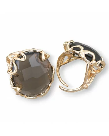 Anello Di Bronzo Collezione AURORA 28x32mm Con Pietre Dure Misura Regolabile Dorato Quarzo Fume'-ANELLI BRONZO E OCCHIO DI GATTO | Worldofjewel.com