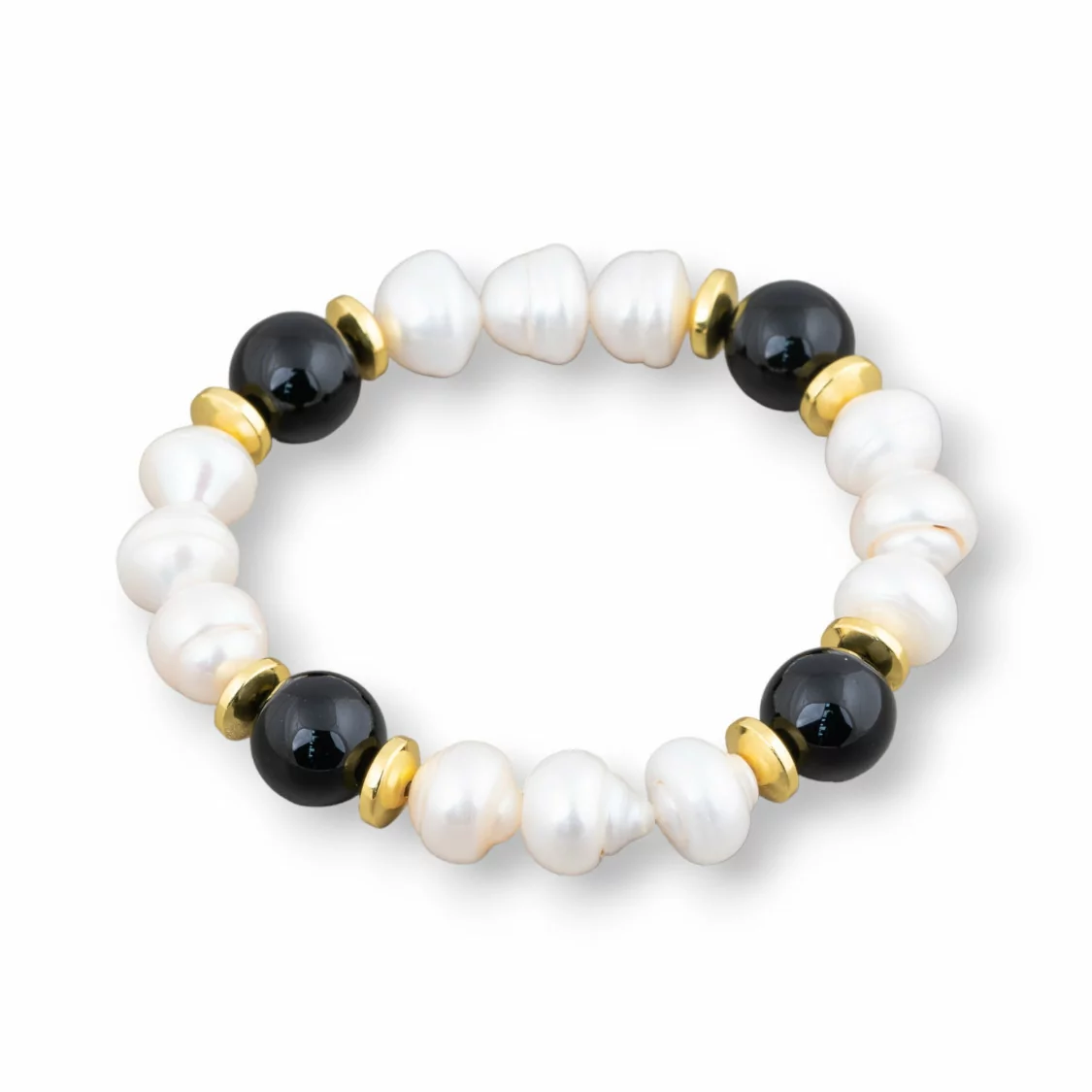 Bracciale Elastico Di Perle Di Fiume Cippolina 11-11.5mm Bianco Con Onice E Ematite-BRACCIALI DI PIETRE E PERLE | Worldofjewel.com