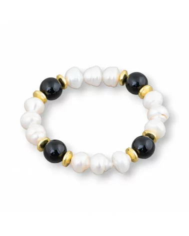 Bracciale Elastico Di Perle Di Fiume Cippolina 11-11.5mm Bianco Con Onice E Ematite-BRACCIALI DI PIETRE E PERLE | Worldofjewel.com