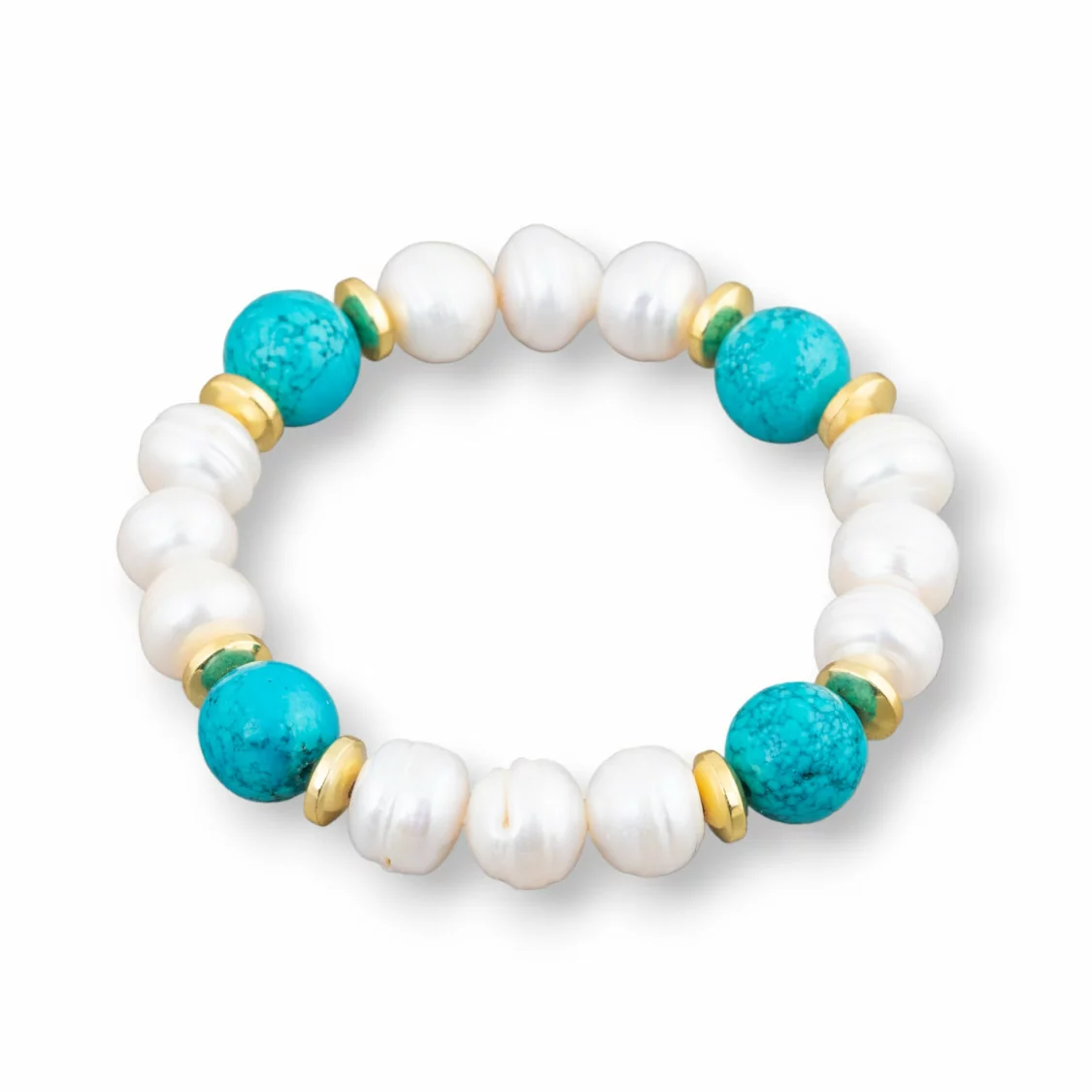 Bracciale Elastico Di Perle Di Fiume Cippolina 11-11.5mm Bianco Con Turchese Stabilizzato E Ematite-BRACCIALI DI PIETRE E PERLE | Worldofjewel.com