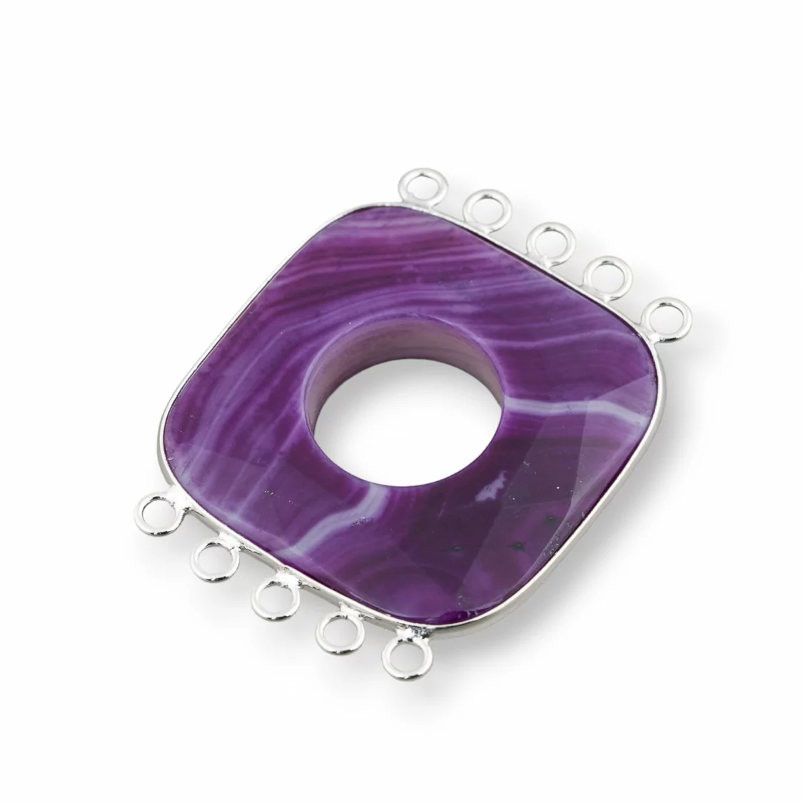 Centrale Di Agata E Argento Indiano - Quadrato 45-50mm 5+5 anellini 2pz Viola Striata-COMPONENTI DI PIETRE DURE | Worldofjewel.com