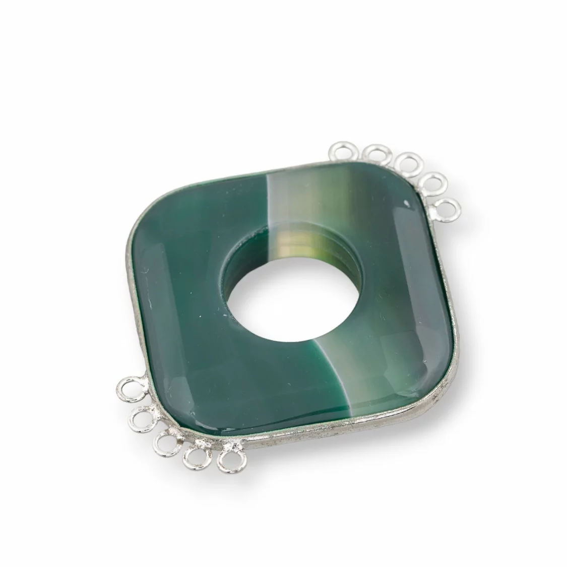 Centrale Di Agata E Argento Indiano - Rombo 45-50mm 5+5 anellini 2pz Verde Striata-COMPONENTI DI PIETRE DURE | Worldofjewel.com