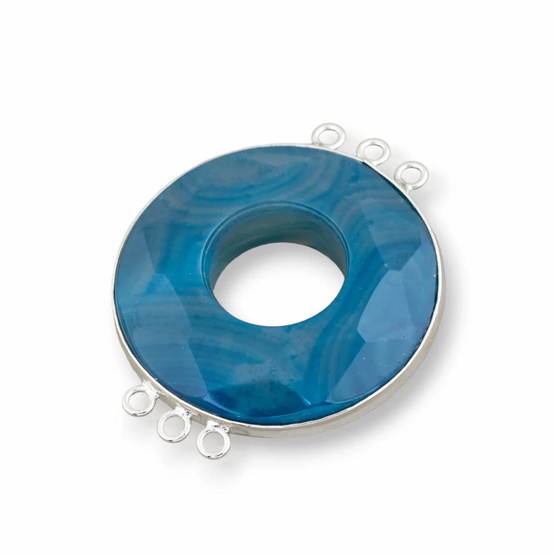 Centrale Di Agata E Argento Indiano - Tondo 45mm 3+3 anellini 2pz Blu Striata-COMPONENTI DI PIETRE DURE | Worldofjewel.com