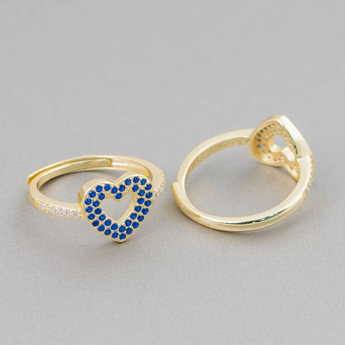 Anello Di Argento 925 Con Zirconi Micropave' Cuore 10mm Con Misura Regolabile 1pz Dorato Blu-ANELLI DI ARGENTO 925 | Worldofjewel.com