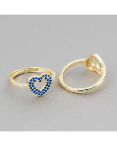 Anello Di Argento 925 Con Zirconi Micropave' Cuore 10mm Con Misura Regolabile 1pz Dorato Blu-ANELLI DI ARGENTO 925 | Worldofjewel.com