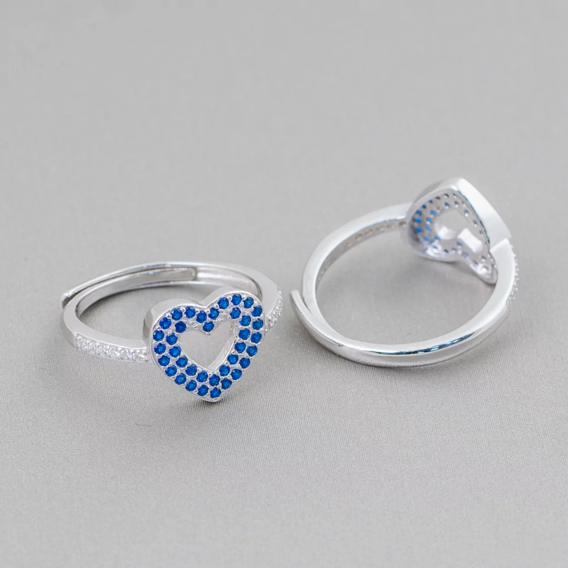 Anello Di Argento 925 Con Zirconi Micropave' Cuore 10mm Con Misura Regolabile 1pz Rodiato Blu-ANELLI DI ARGENTO 925 | Worldofjewel.com