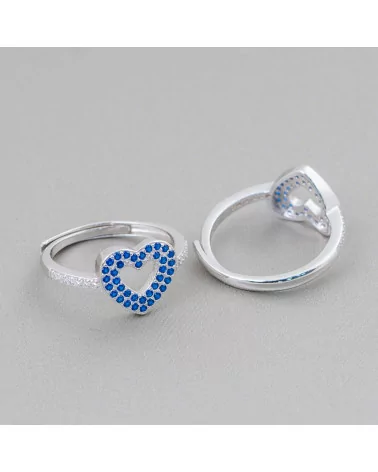 Anello Di Argento 925 Con Zirconi Micropave' Cuore 10mm Con Misura Regolabile 1pz Rodiato Blu-ANELLI DI ARGENTO 925 | Worldofjewel.com