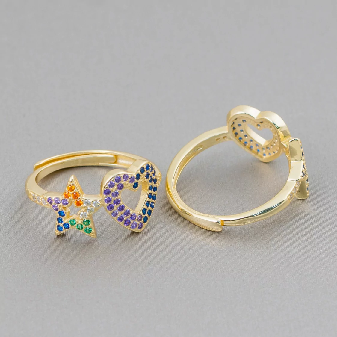 Anello Di Argento 925 Con Zirconi Micropave' Stella + Cuore 10mm Con Misura Regolabile 1pz Dorato Mix+Viola-ANELLI DI ARGENTO 925 | Worldofjewel.com