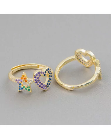 Anello Di Argento 925 Con Zirconi Micropave' Stella + Cuore 10mm Con Misura Regolabile 1pz Dorato Mix+Viola-ANELLI DI ARGENTO 925 | Worldofjewel.com