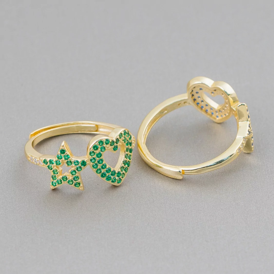 Anello Di Argento 925 Con Zirconi Micropave' Stella + Cuore 10mm Con Misura Regolabile 1pz Dorato Verde-ANELLI DI ARGENTO 925 | Worldofjewel.com