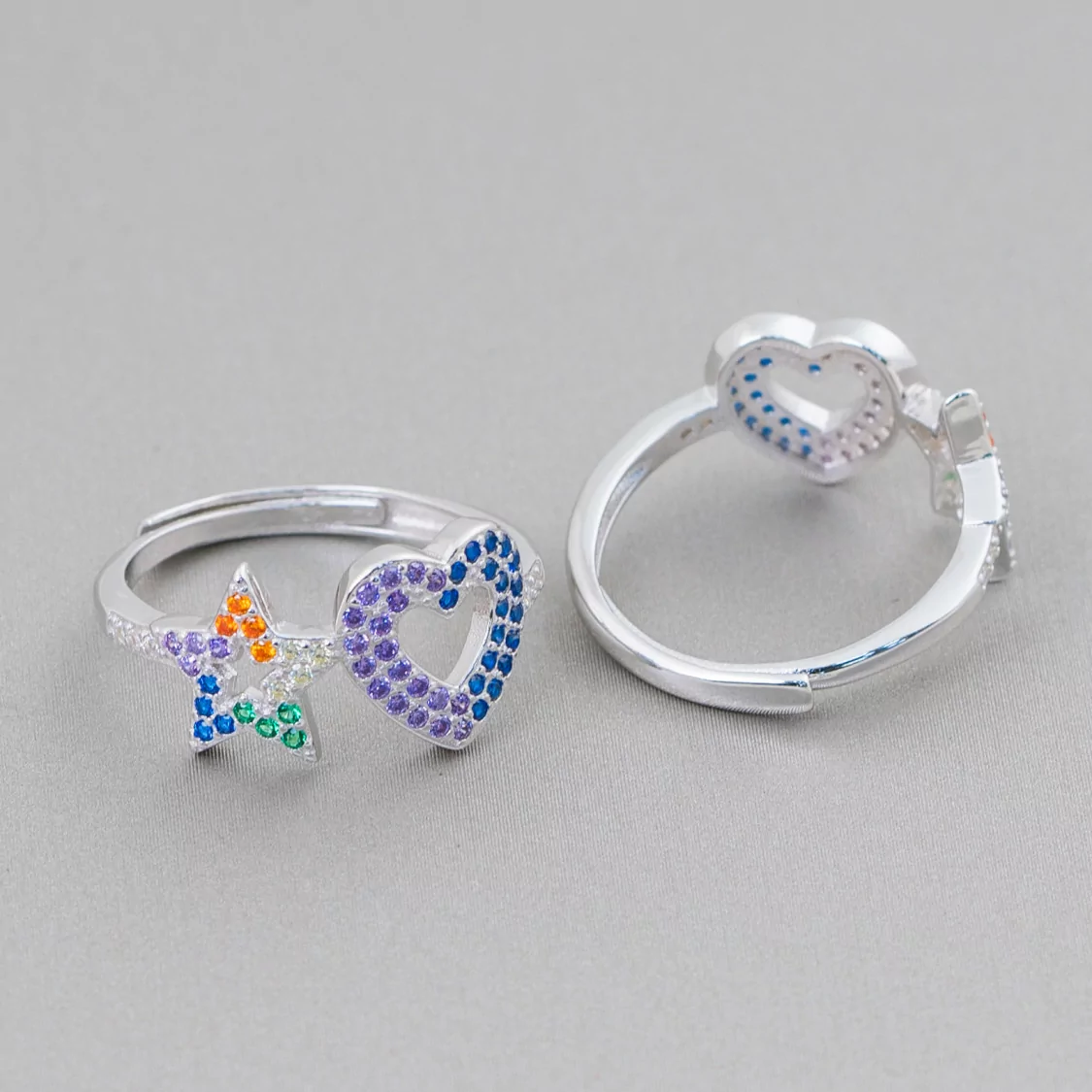 Anello Di Argento 925 Con Zirconi Micropave' Stella + Cuore 10mm Con Misura Regolabile 1pz Rodiato Mix+Viola-ANELLI DI ARGENTO 925 | Worldofjewel.com