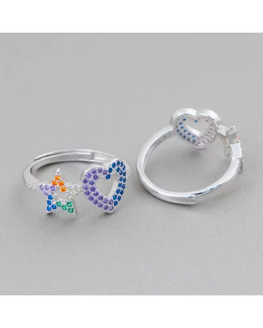 Anello Di Argento 925 Con Zirconi Micropave' Stella + Cuore 10mm Con Misura Regolabile 1pz Rodiato Mix+Viola-ANELLI DI ARGENTO 925 | Worldofjewel.com