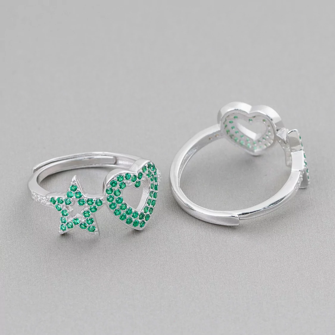 Anello Di Argento 925 Con Zirconi Micropave' Stella + Cuore 10mm Con Misura Regolabile 1pz Rodiato Verde-ANELLI DI ARGENTO 925 | Worldofjewel.com