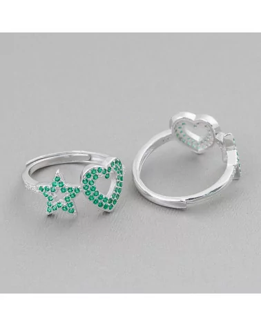 Anello Di Argento 925 Con Zirconi Micropave' Stella + Cuore 10mm Con Misura Regolabile 1pz Rodiato Verde-ANELLI DI ARGENTO 925 | Worldofjewel.com