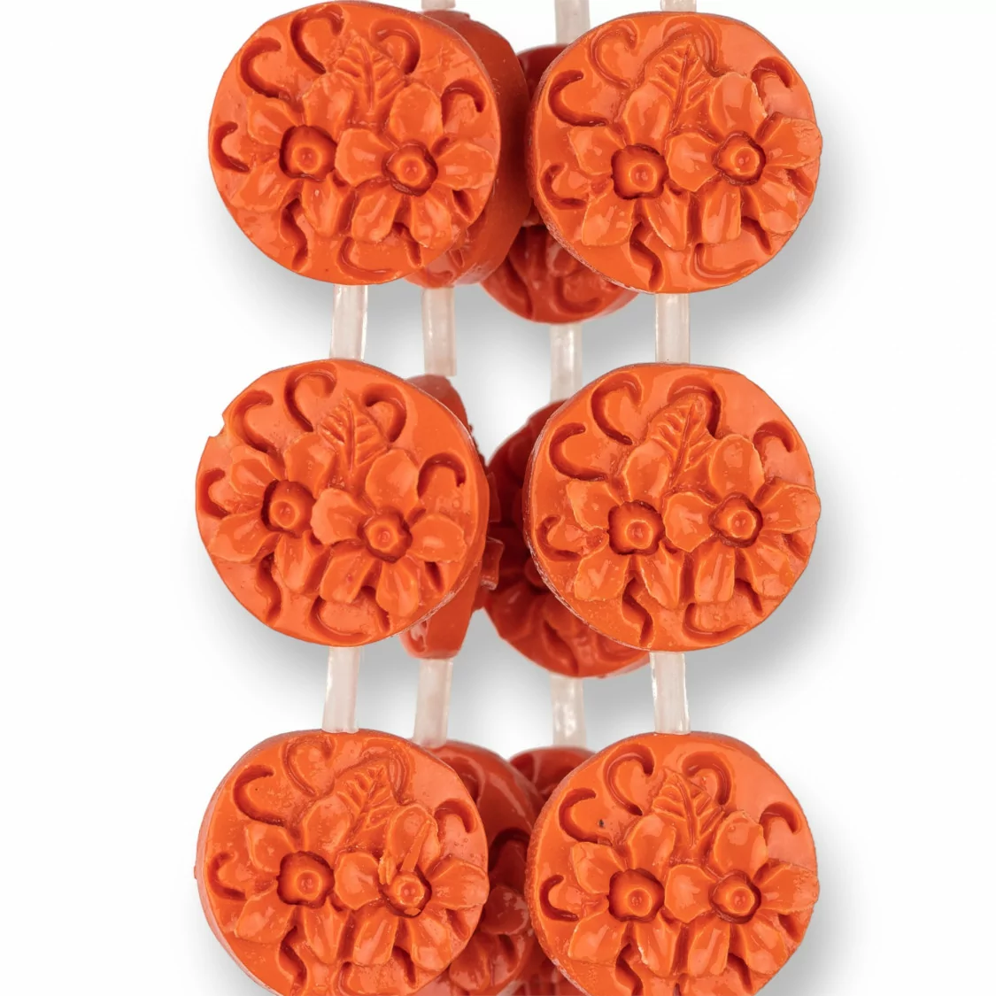 Perline Di Resina Tondo Piatto Bifaccia Fiori 20mm 17pz Arancio-RESINA A FILO | Worldofjewel.com