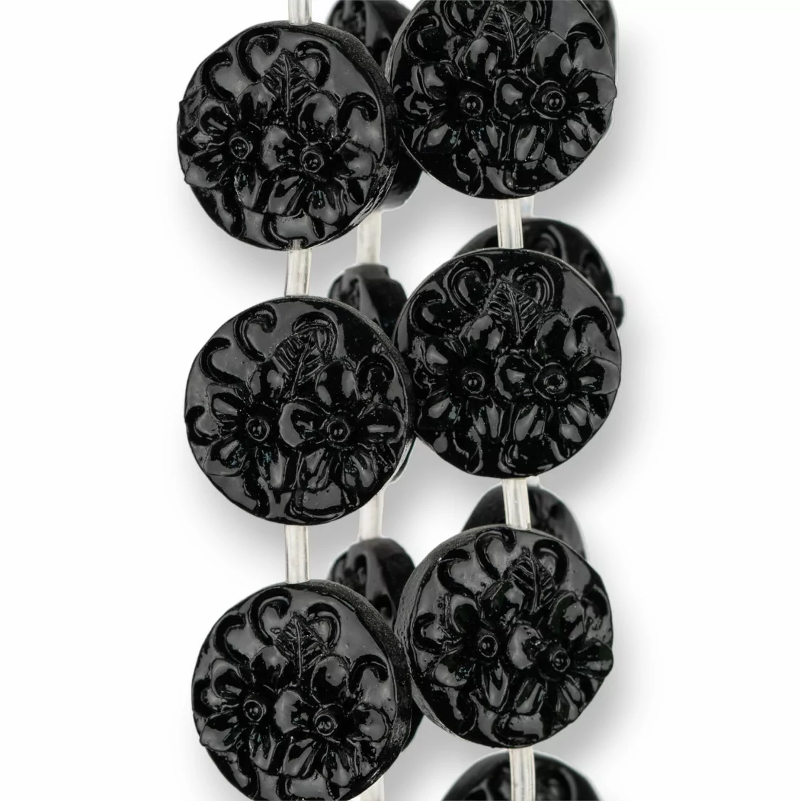 Perline Di Resina Tondo Piatto Bifaccia Fiori 20mm 17pz Nero-RESINA A FILO | Worldofjewel.com