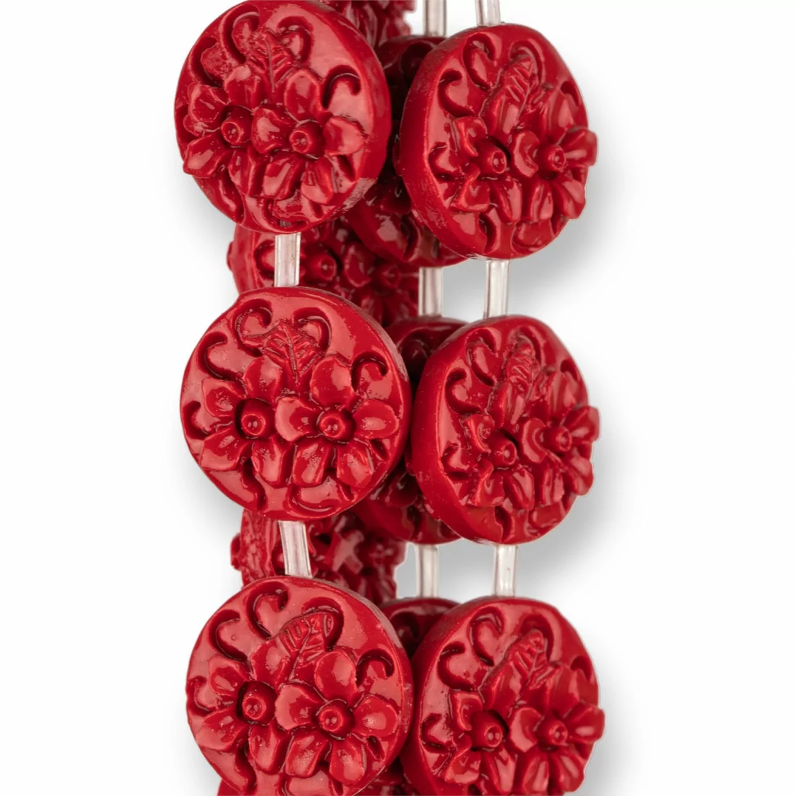 Perline Di Resina Tondo Piatto Bifaccia Fiori 20mm 17pz Rosso-RESINA A FILO | Worldofjewel.com