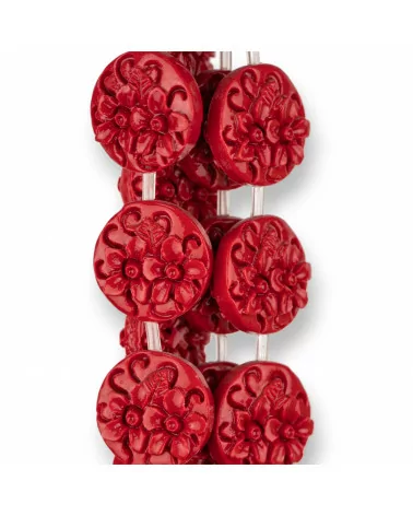 Perline Di Resina Tondo Piatto Bifaccia Fiori 20mm 17pz Rosso-RESINA A FILO | Worldofjewel.com