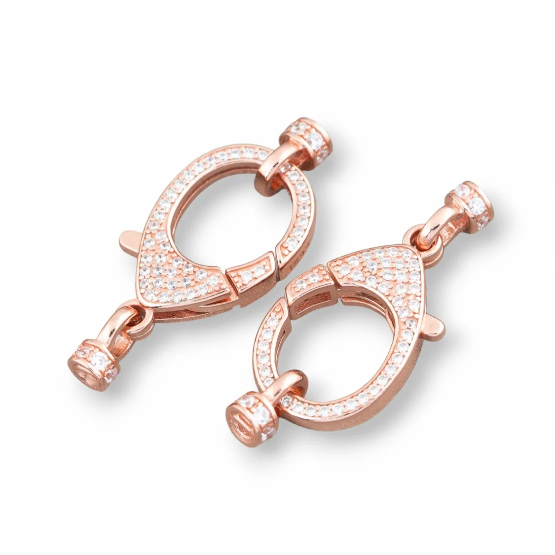 Chiusura Di Argento 925 Con Zirconi Micropave Multifilo Moschettone 12,5x30mm Con Coppette Da 4mm 1pz Oro Rosa-CHIUSURE DI ARGENTO | Worldofjewel.com