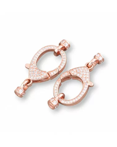 Chiusura Di Argento 925 Con Zirconi Micropave Multifilo Moschettone 12,5x30mm Con Coppette Da 4mm 1pz Oro Rosa-CHIUSURE DI ARGENTO | Worldofjewel.com