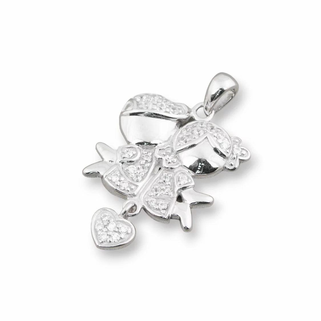 Ciondolo Pendente Di Argento 925 Bimbo E Bimba Con Cuore E Zirconi 18x30mm-ARGENTO 925 DESIGN ITALY | Worldofjewel.com