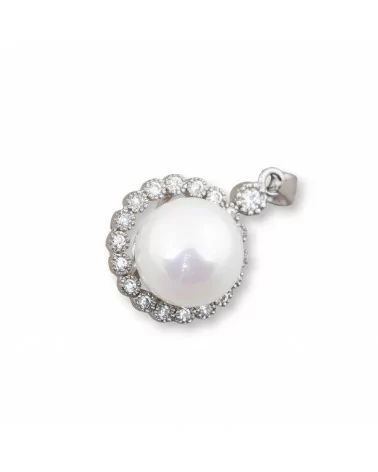 Ciondolo Pendente Di Argento 925 Cerchio Con Zirconi E Perle Di Maiorca 17x27mm-ARGENTO 925 DESIGN ITALY | Worldofjewel.com