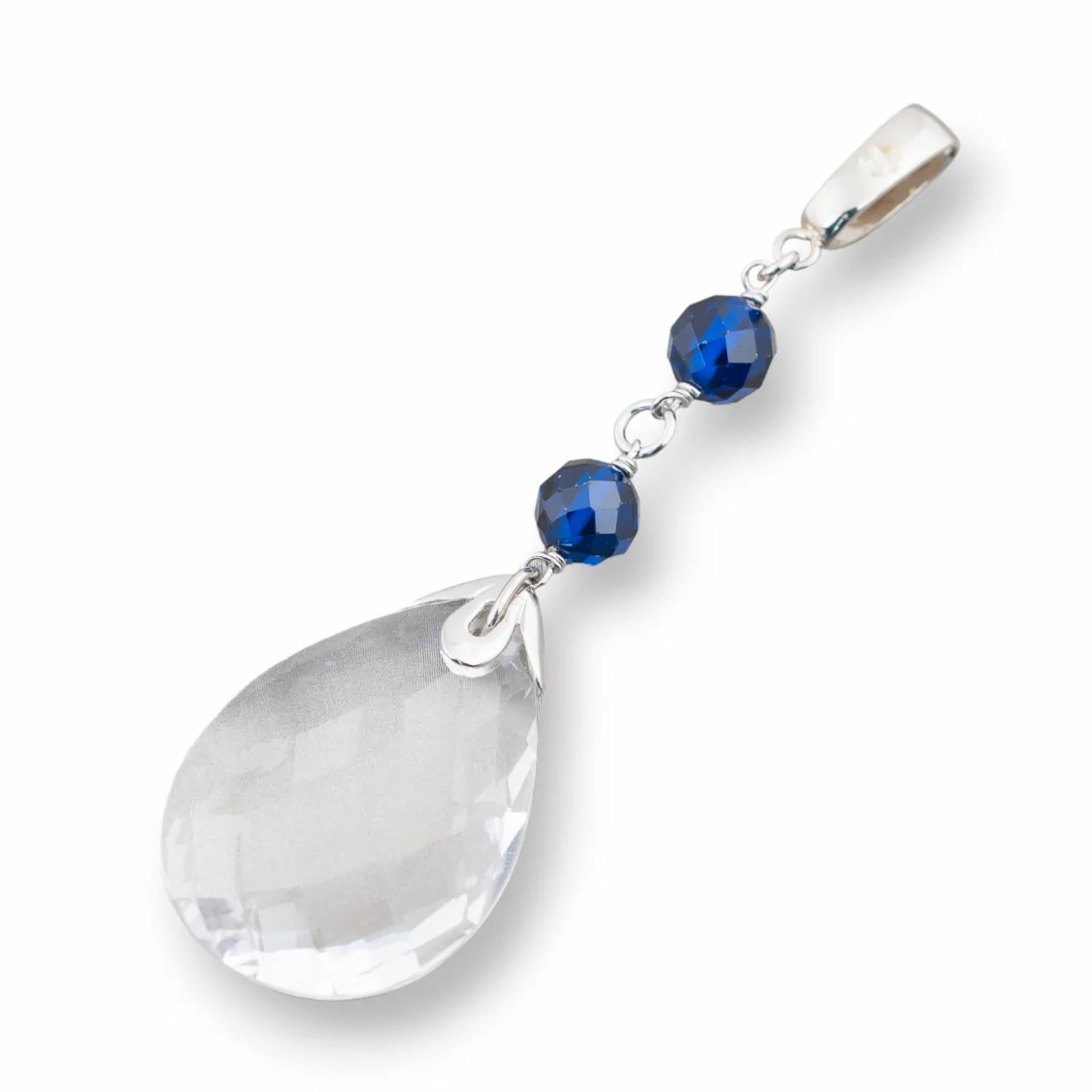 Ciondolo Pendente Di Argento 925 Con Zirconi Blu E Cristallo Goccia Sfaccettata 36x25mm-ARGENTO 925 DESIGN ITALY | Worldofjewel.com