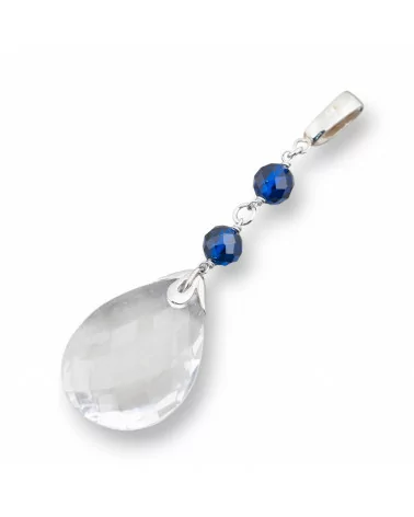 Ciondolo Pendente Di Argento 925 Con Zirconi Blu E Cristallo Goccia Sfaccettata 36x25mm-ARGENTO 925 DESIGN ITALY | Worldofjewel.com