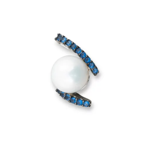 Ciondolo Pendente Di Argento 925 Con Zirconi Blu Fantasia E Perle Di Maiorca 17x26mm-ARGENTO 925 DESIGN ITALY | Worldofjewel.com