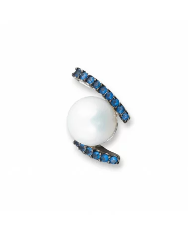 Ciondolo Pendente Di Argento 925 Con Zirconi Blu Fantasia E Perle Di Maiorca 17x26mm-ARGENTO 925 DESIGN ITALY | Worldofjewel.com