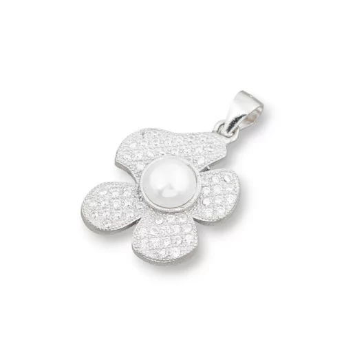 Ciondolo Pendente Di Argento 925 Fiore Con Zirconi E Perle 17x27mm-ARGENTO 925 DESIGN ITALY | Worldofjewel.com