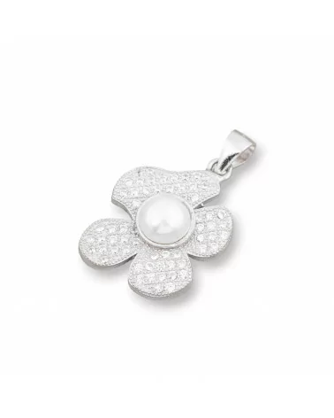 Ciondolo Pendente Di Argento 925 Fiore Con Zirconi E Perle 17x27mm-ARGENTO 925 DESIGN ITALY | Worldofjewel.com