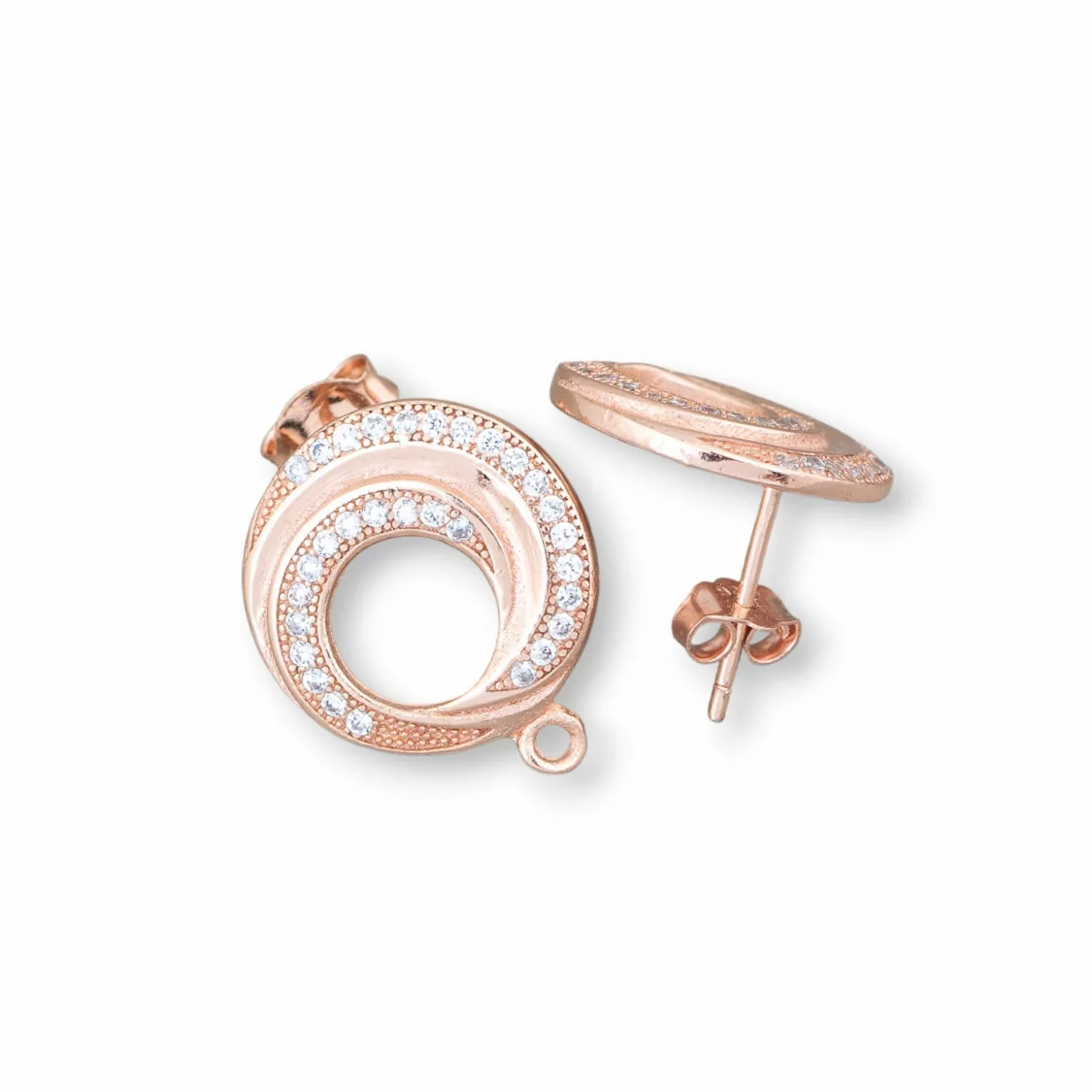 Base Per Orecchini Di Argento 925 A Perno Con Zirconi Tondo Forato 15mm 2 Paia Oro Rosa-BASI DI ARGENTO 925 | Worldofjewel.com