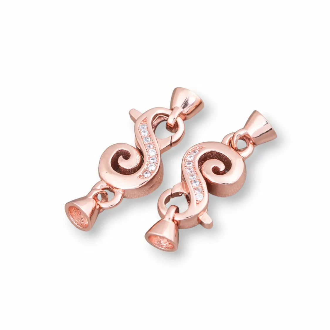 Chiusura Di Argento 925 Con Zirconi Moschettone Fantasia 9x28mm Con Coppette 5mm 2pz Oro Rosa-CHIUSURE DI ARGENTO | Worldofjewel.com