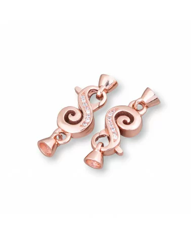 Chiusura Di Argento 925 Con Zirconi Moschettone Fantasia 9x28mm Con Coppette 5mm 2pz Oro Rosa-CHIUSURE DI ARGENTO | Worldofjewel.com