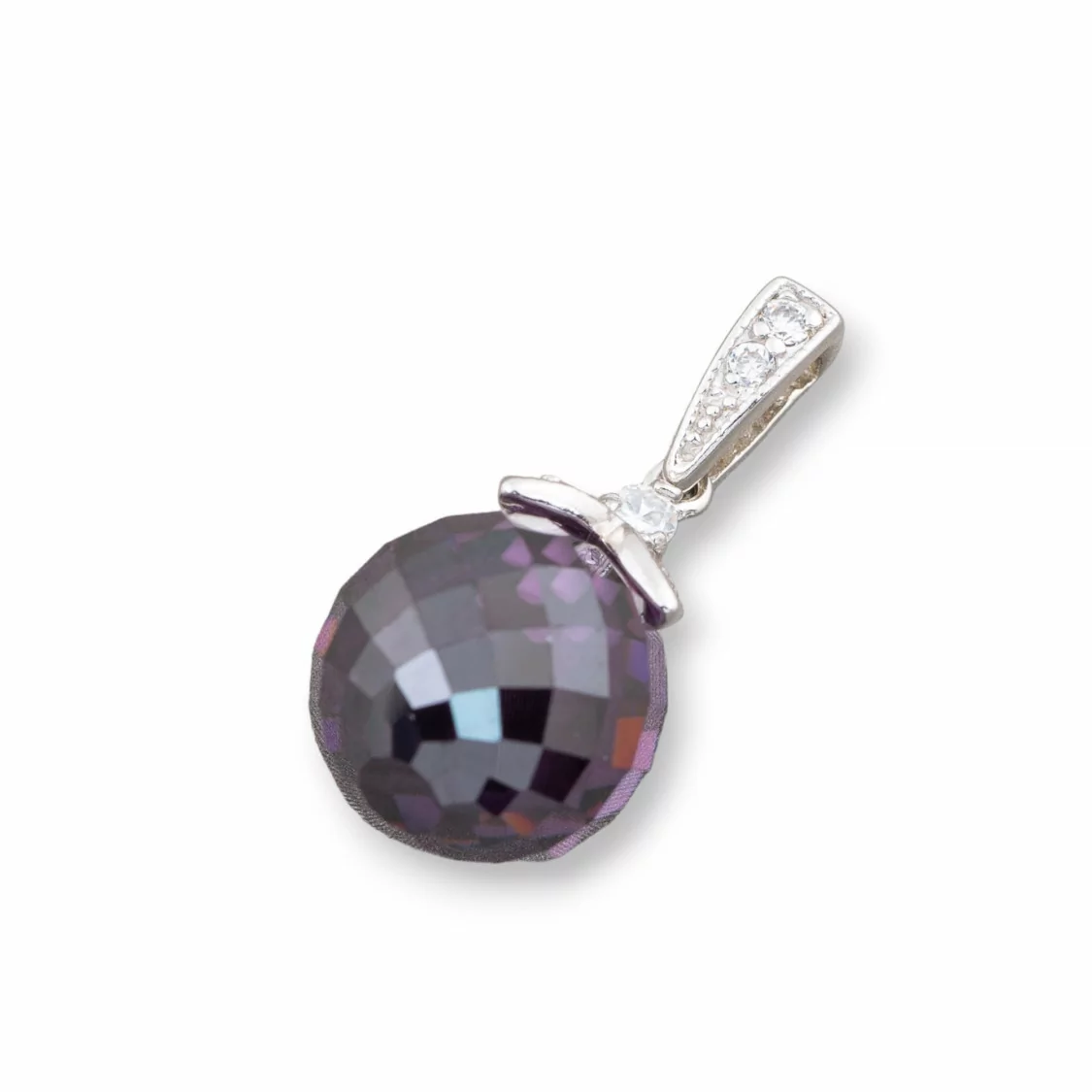 Ciondolo Pendente Di Argento 925 Con Coppetta Petali Sfera Zirconi Viola Sfaccettato 13x28mm-ARGENTO 925 DESIGN ITALY | Worldofjewel.com