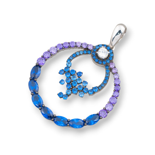 Pendentif en argent 925 avec zircons et pierres hydrothermales bleues et violettes 28x40mm