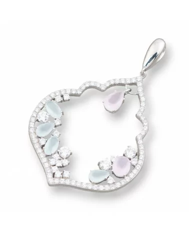 Ciondolo Pendente Di Argento 925 Con Zirconi E Topazi Rosa E Acqua 30x45mm-ARGENTO 925 DESIGN ITALY | Worldofjewel.com