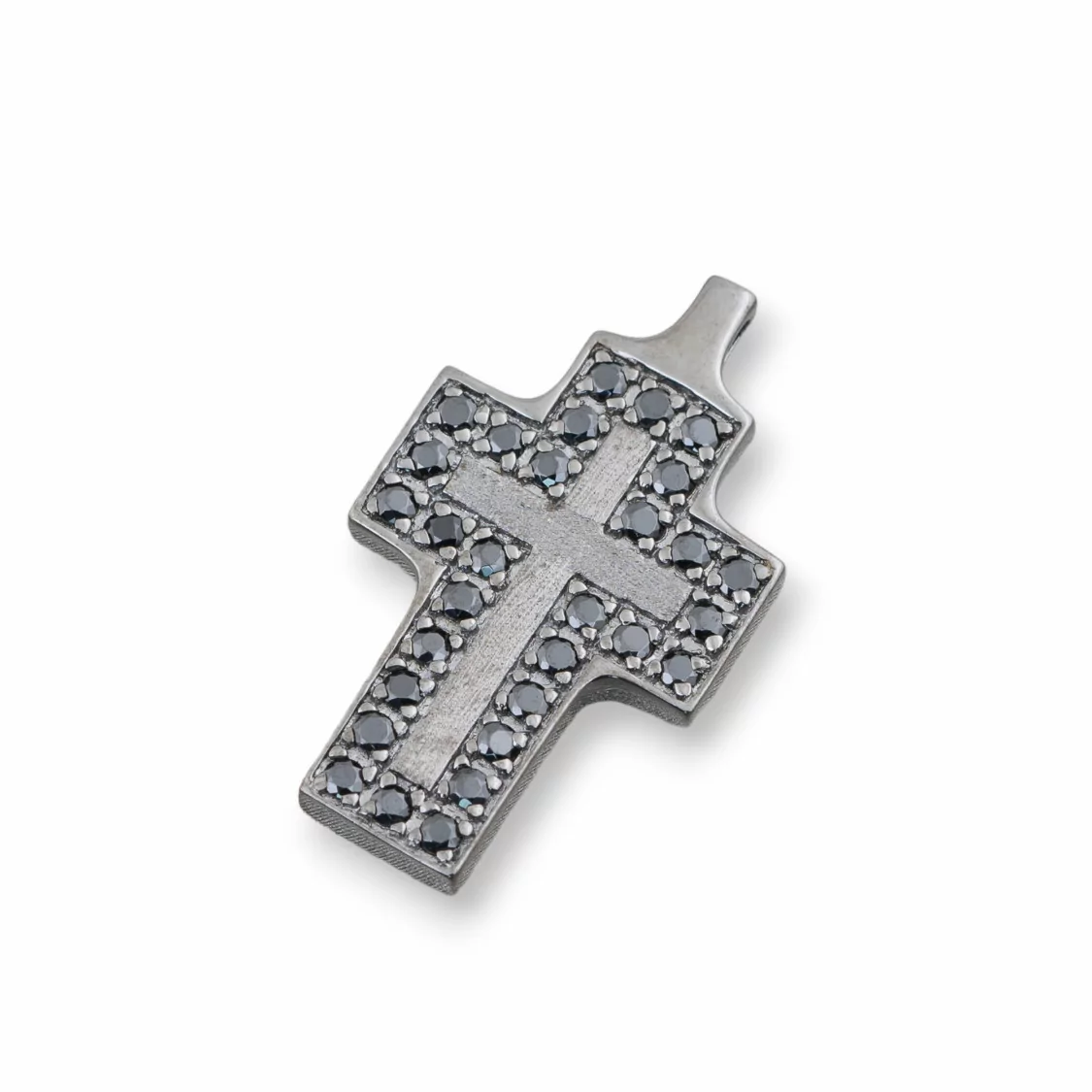 Ciondolo Pendente Di Argento 925 Croce Brunita Satinata Con Zirconi Neri 17x29mm-ARGENTO 925 DESIGN ITALY | Worldofjewel.com