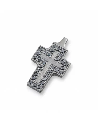 Ciondolo Pendente Di Argento 925 Croce Brunita Satinata Con Zirconi Neri 17x29mm-ARGENTO 925 DESIGN ITALY | Worldofjewel.com