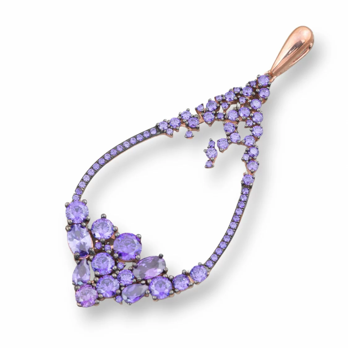 Ciondolo Pendente Di Argento 925 Oro Rosa Con Zirconi E Topazi Viola 29x66mm-ARGENTO 925 DESIGN ITALY | Worldofjewel.com