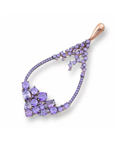 Ciondolo Pendente Di Argento 925 Oro Rosa Con Zirconi E Topazi Viola 29x66mm-ARGENTO 925 DESIGN ITALY | Worldofjewel.com